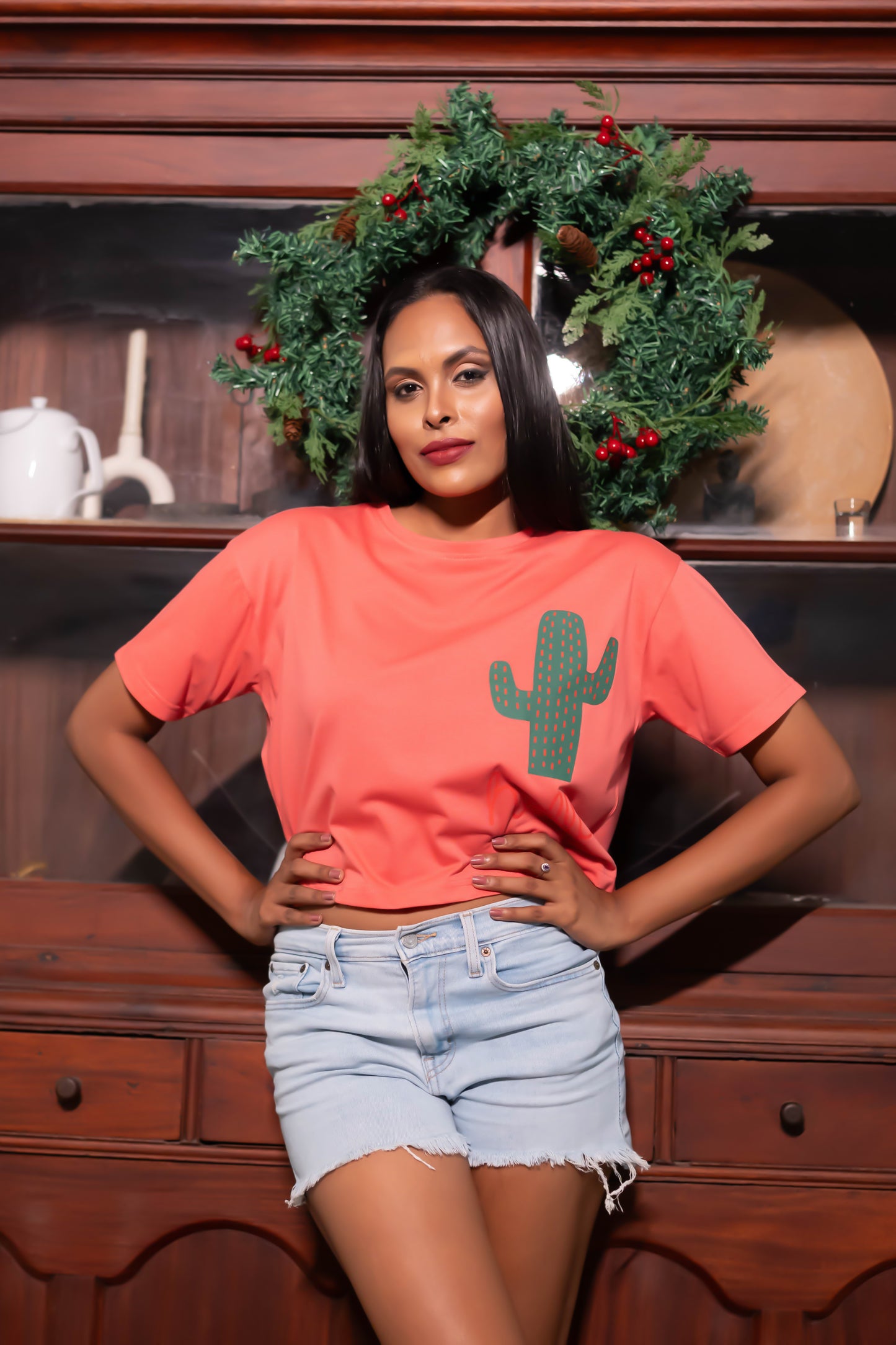Candy Pink Crop Top with Cactus Print.