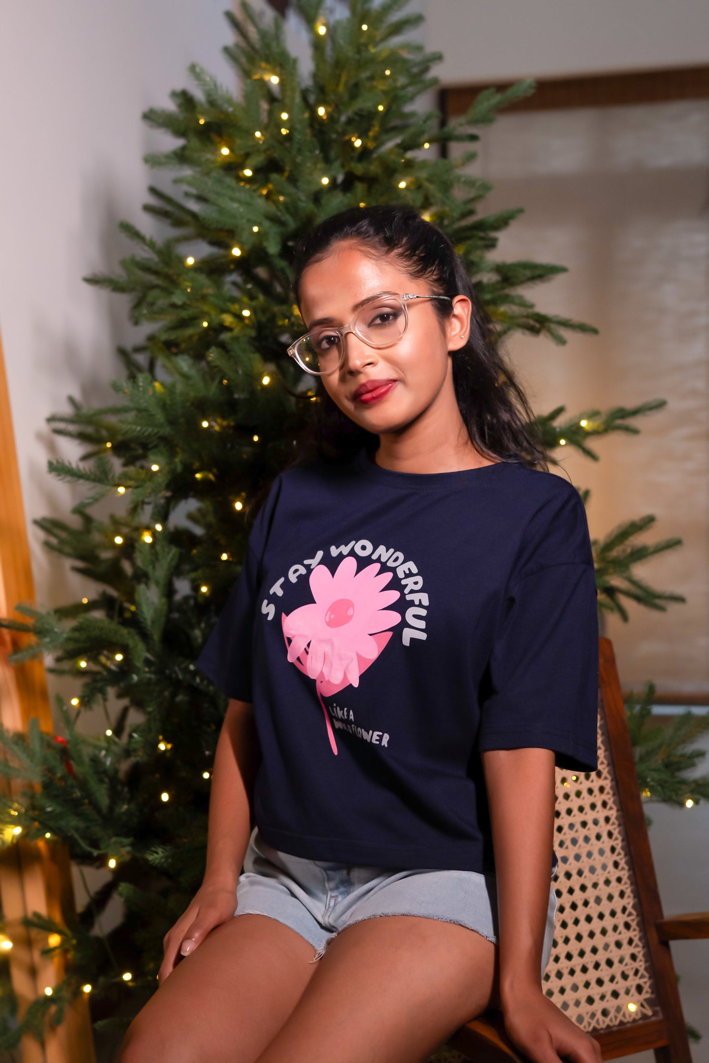 Black Crop Top with Big Pink Flower Print and “Stay Wonderful Like a Wild Flower” Quote