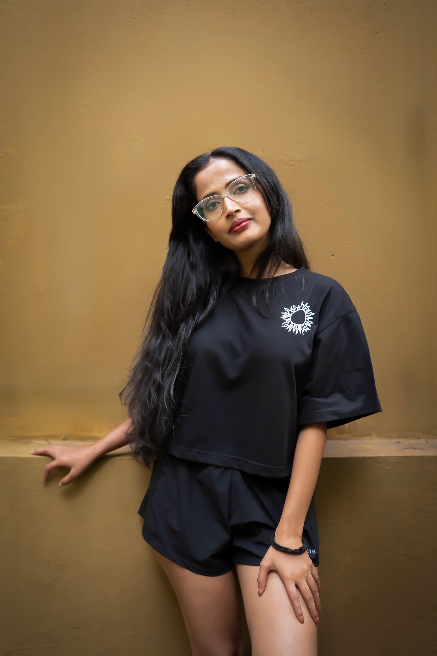 Black Crop Top with Earthy Elements Prints (Front & Back)