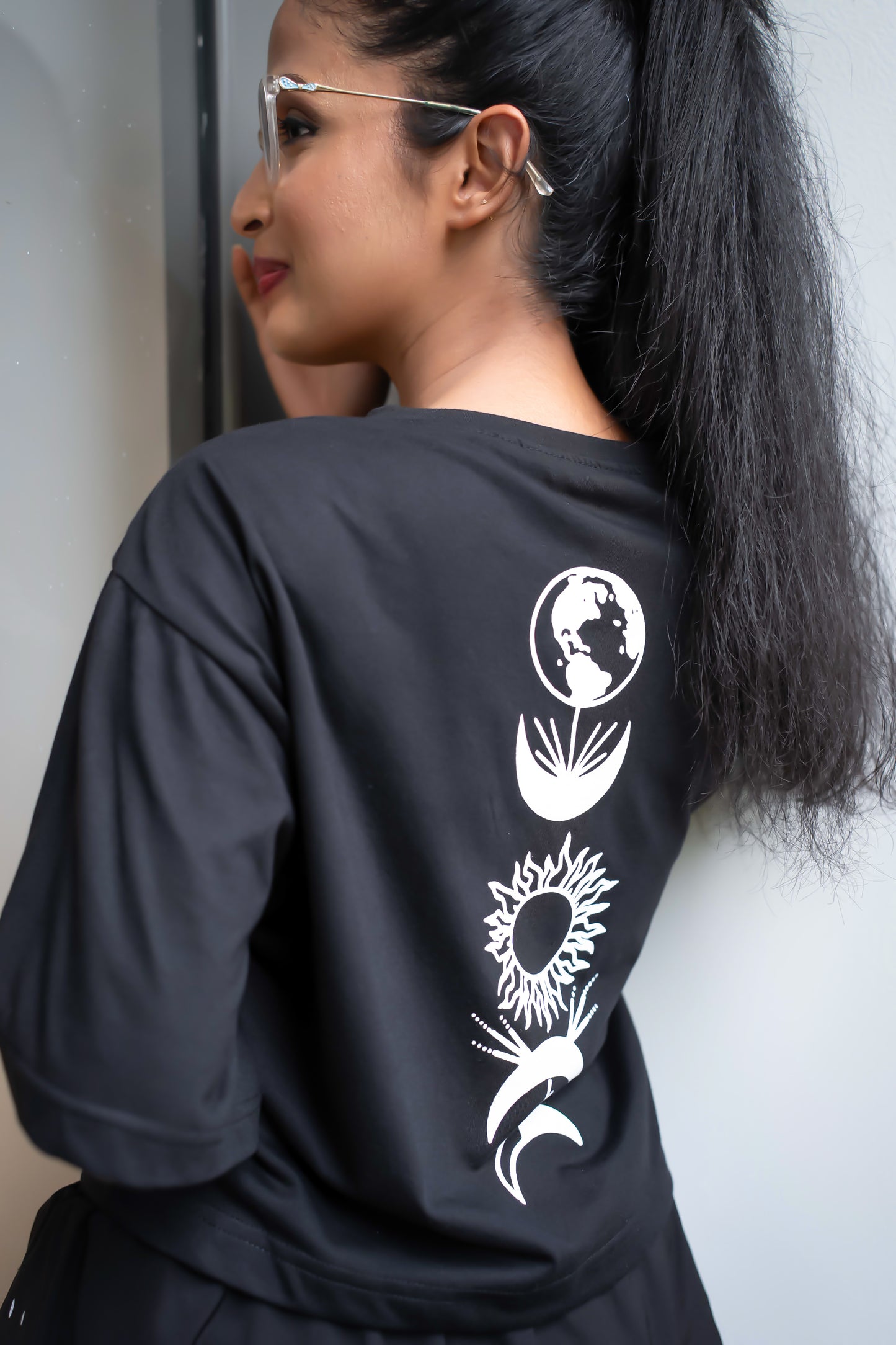 Black Crop Top with Earthy Elements Prints (Front & Back)