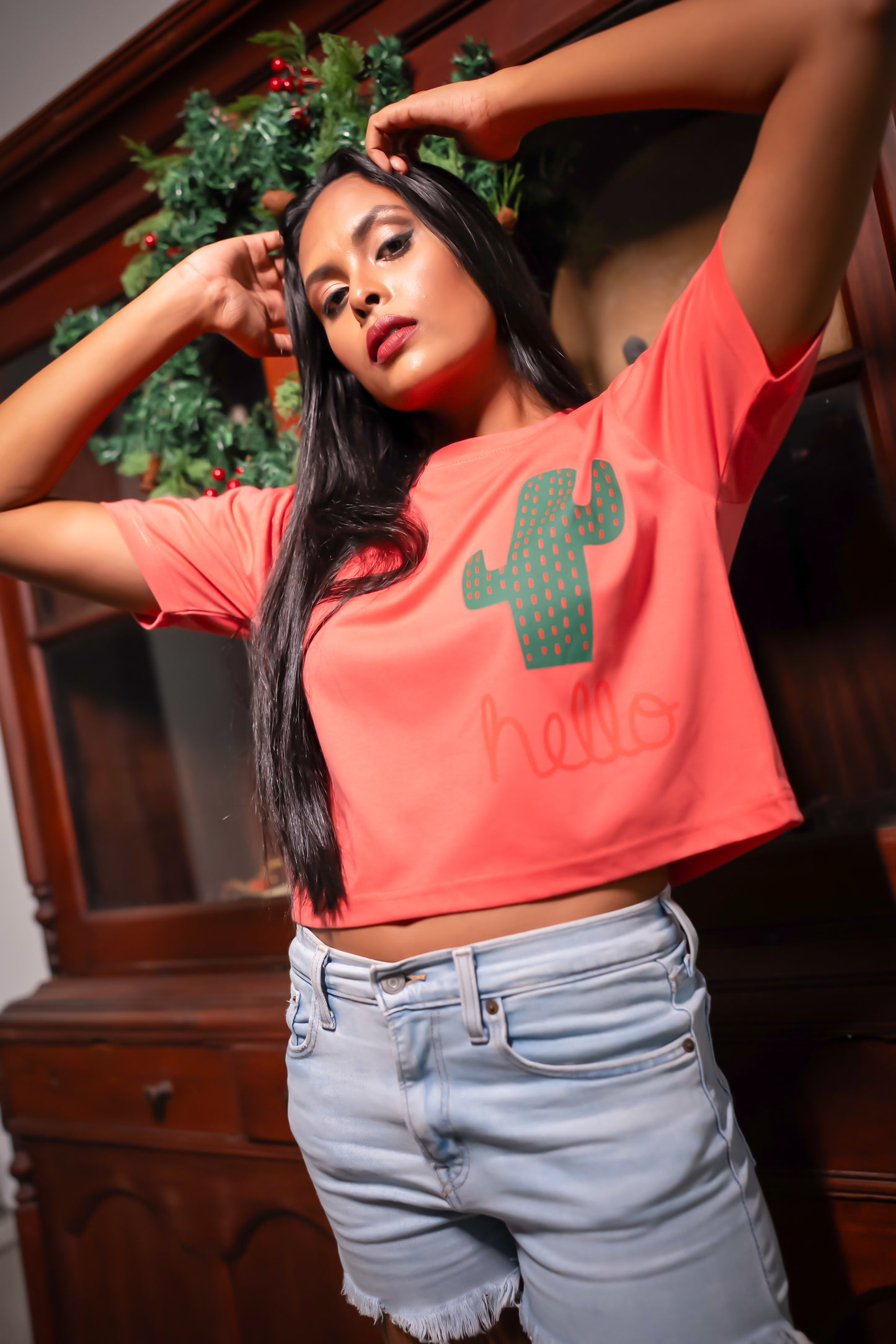 Candy Pink Crop Top with Cactus Print.