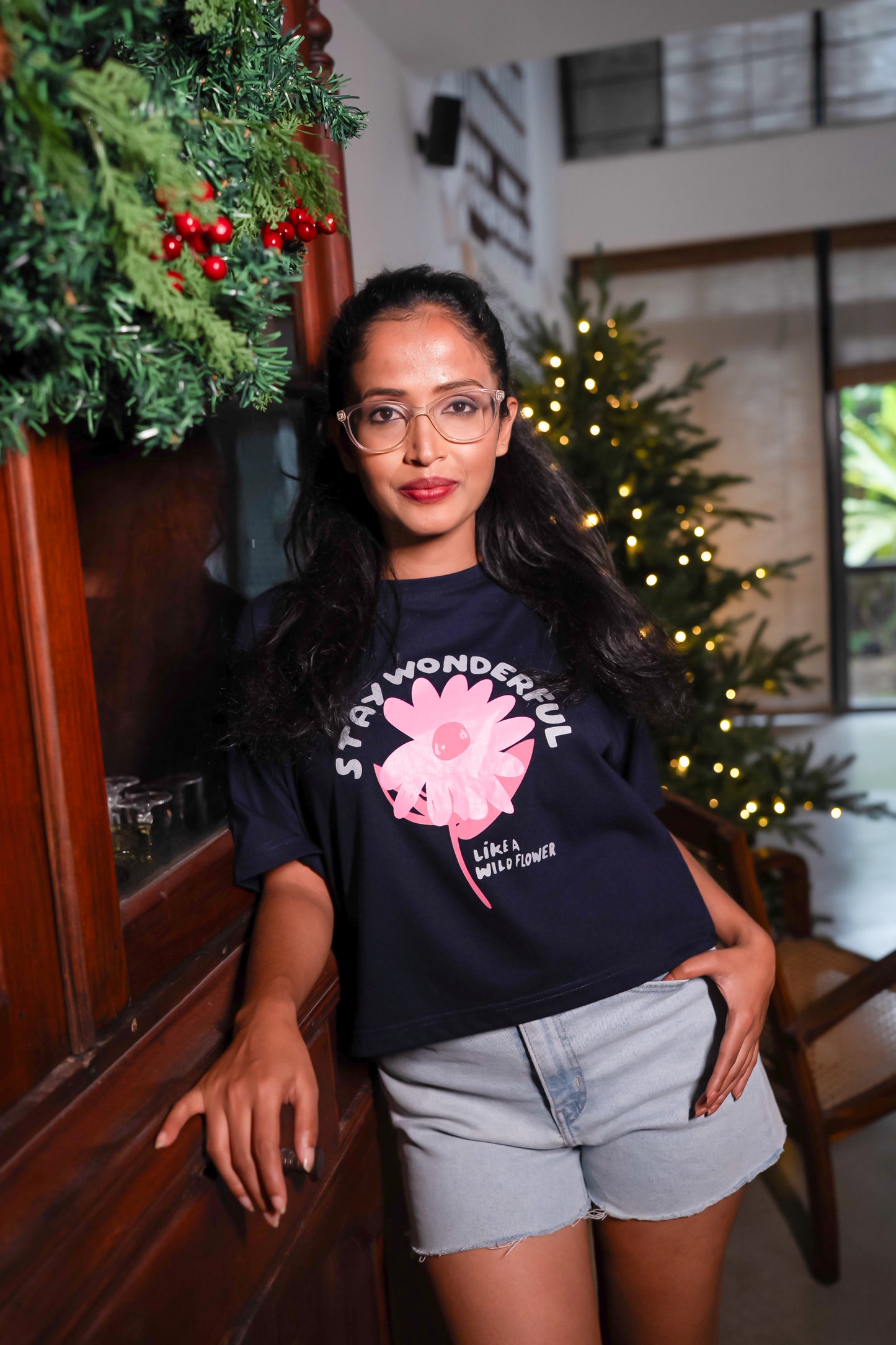 Black Crop Top with Big Pink Flower Print and “Stay Wonderful Like a Wild Flower” Quote