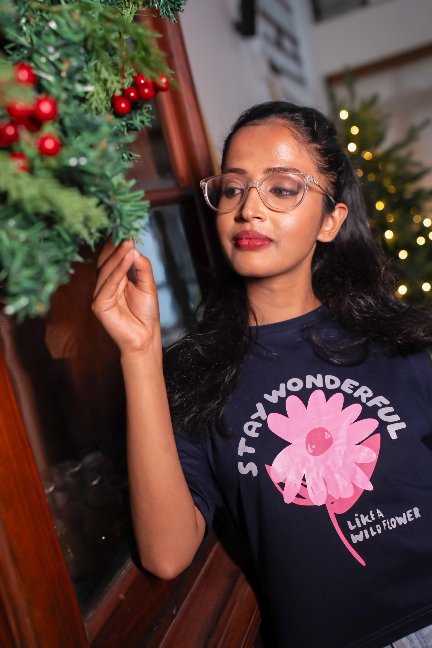 Black Crop Top with Big Pink Flower Print and “Stay Wonderful Like a Wild Flower” Quote