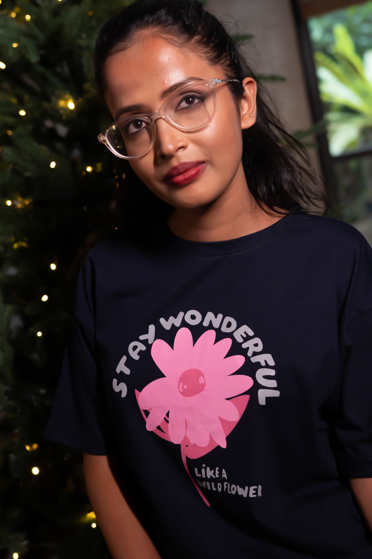 Black Crop Top with Big Pink Flower Print and “Stay Wonderful Like a Wild Flower” Quote
