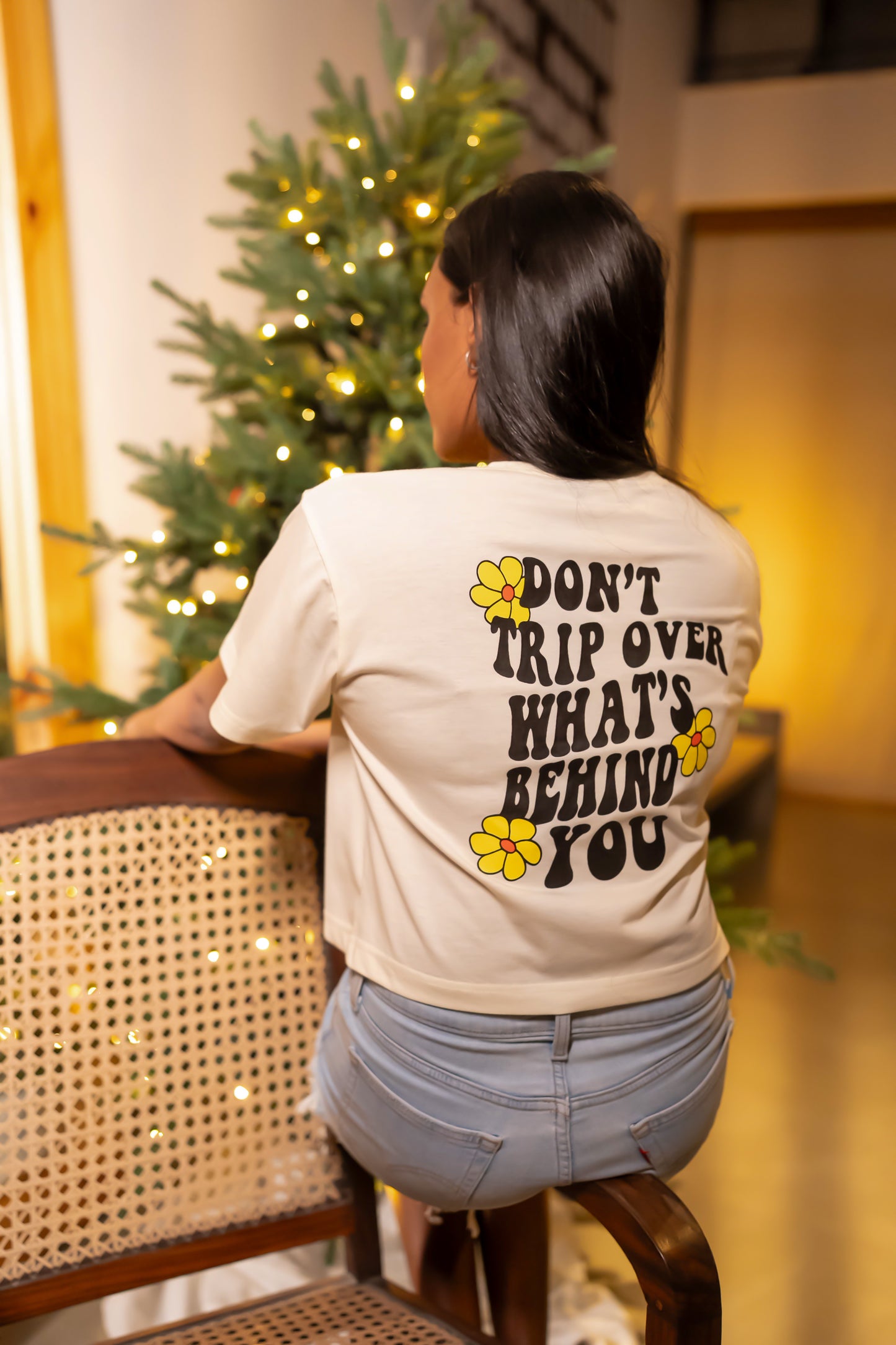 Butter Yellow Crop Top with Flower Doodle (Front) &amp; “Don’t trip over what’s behind you” (Back)