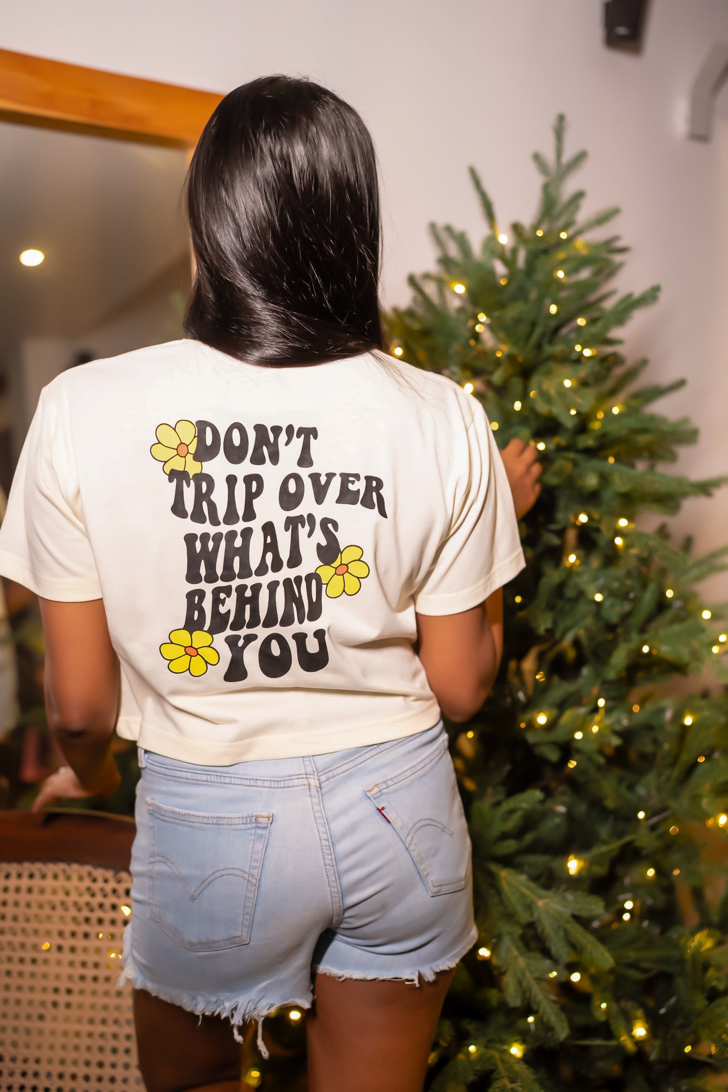 Butter Yellow Crop Top with Flower Doodle (Front) &amp; “Don’t trip over what’s behind you” (Back)
